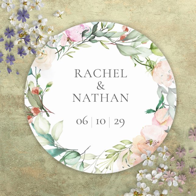 Sticker Rond Elégant Aquarelle Verdure Floral Mariage (Elegant Watercolor Greenery Floral Wedding Classic Round Sticker)