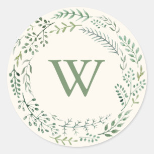 Sticker Rond Elégant aquarelle vert verdure Wreath Monogramme