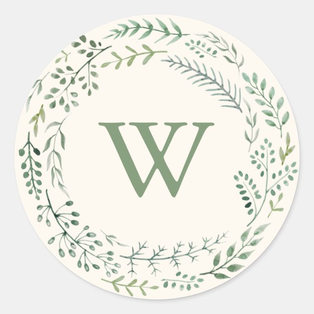 Sticker Rond Elégant aquarelle vert verdure Wreath Monogramme (Devant)