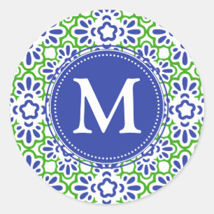 Sticker Rond Elégant Arabesque Damask bleu & vert Personnalisé