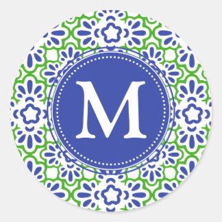 Sticker Rond Elégant Arabesque Damask bleu & vert Personnalisé