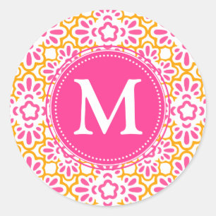 Sticker Rond Elégant Arabesque Damask Hot Rose Personnalisé