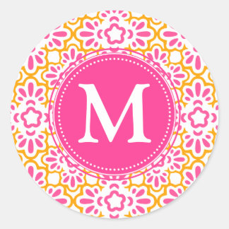 Sticker Rond Elégant Arabesque Damask Hot Rose Personnalisé