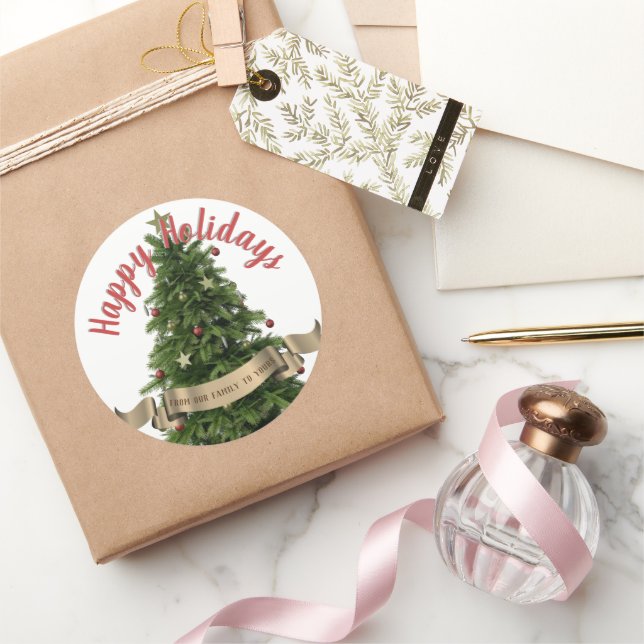 Sticker Rond Élégant arbre de Noël Custom Joyeux vacances (Cadeaux)