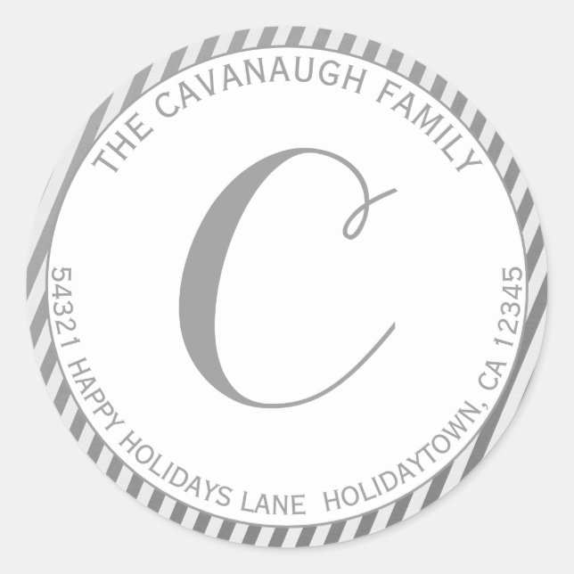 Sticker Rond Élégant Argent Foil Stripe Monogramme Adresse (Devant)
