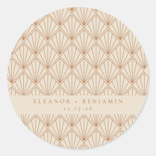 Sticker Rond Elégant Art Déco Burnt Orange Personnalisé Mariage (Devant)