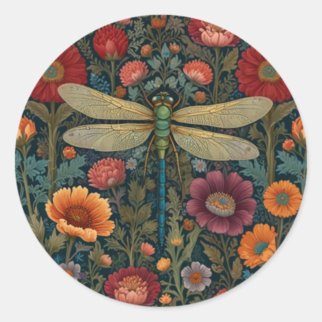 Sticker Rond Elegant art nouveau Autumn floral Dragonfly (Devant)
