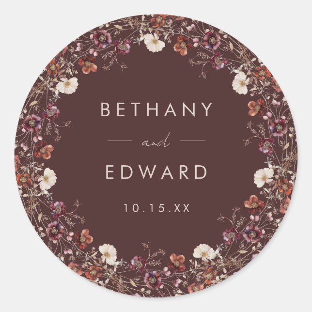 Sticker Rond Élégant automne Brown Mariage floral (Devant)