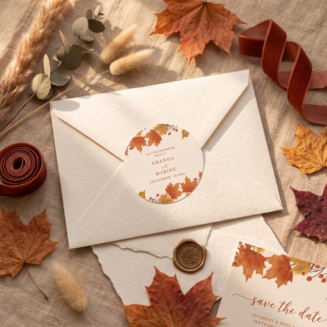 Sticker Rond Élégant Automne Feuilles d'Érable Mariage (Créateur téléchargé)