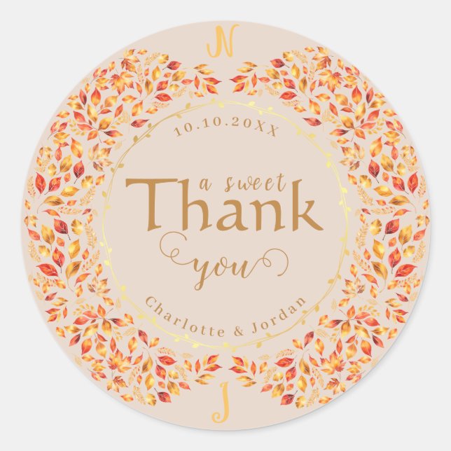 Sticker Rond Élégant automne laisse Rustique Mariage en terre c (Devant)