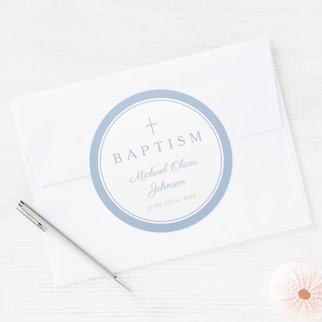 Sticker Rond Elegant Baby Blue Cross Boy Baptism  (Enveloppe)