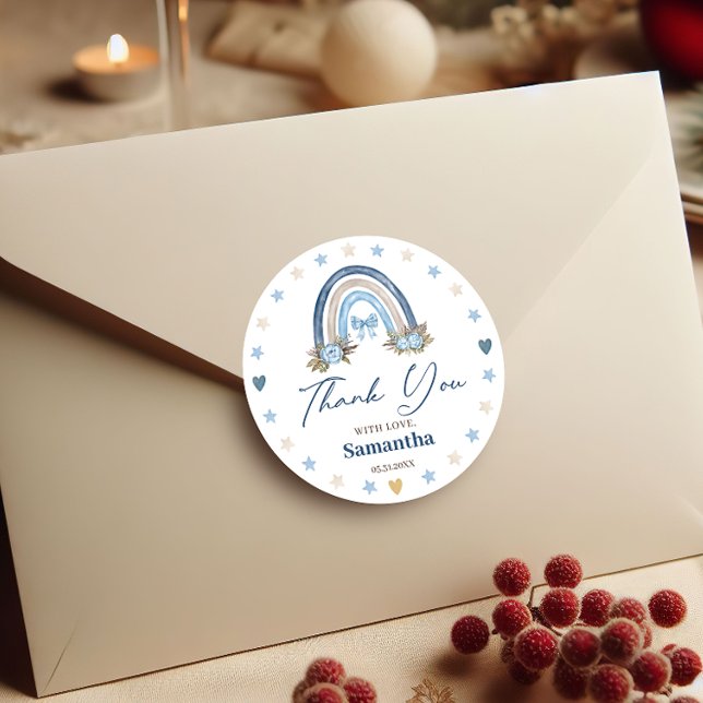Sticker Rond Élégant Baby shower arc-en-ciel fleuri Merci (Créateur téléchargé)
