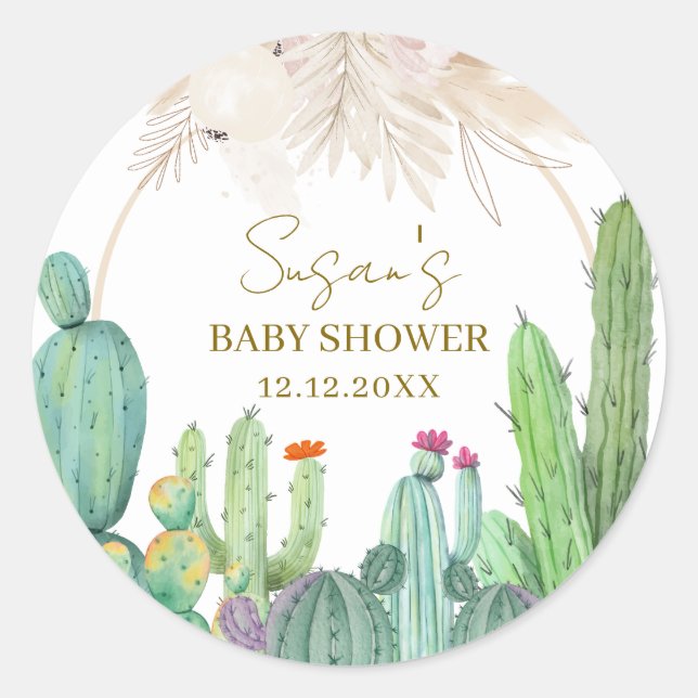 Sticker Rond Elégant Baby shower Boho Western Cactus Arch (Devant)