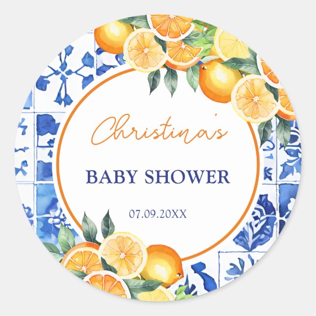 Sticker Rond Elégant Baby shower Citrus Blue Carreaux (Devant)