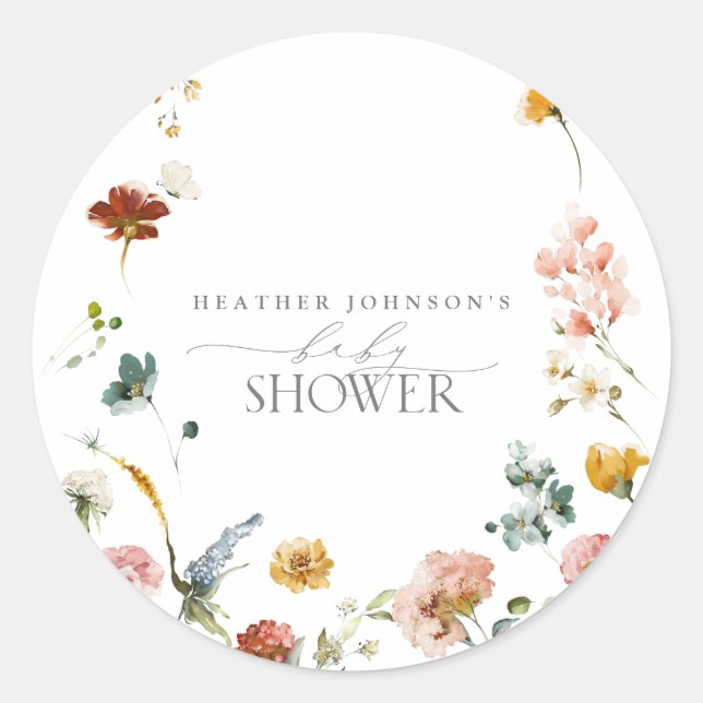 Sticker Rond Elégant Baby shower d'aquarelle Fleurs de Jardin (Devant)