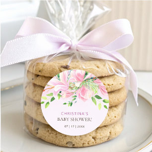 Sticker Rond Elégant Baby shower d'aquarelle rose Magnolia