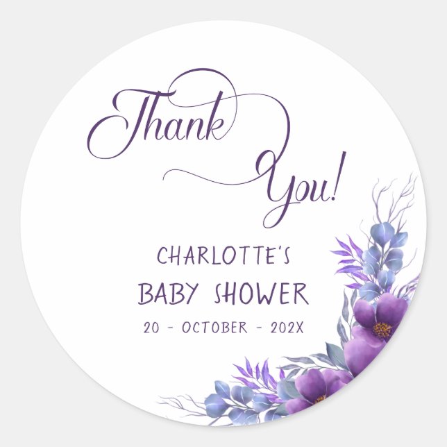 Sticker Rond Elégant Baby shower de fleurs violettes aquarelle (Devant)
