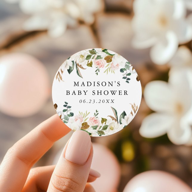 Sticker Rond Elégant Baby shower de Magnolias aquarelle (Créateur téléchargé)
