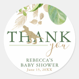 Sticker Rond Elégant Baby shower Dinosaur Vert et Or
