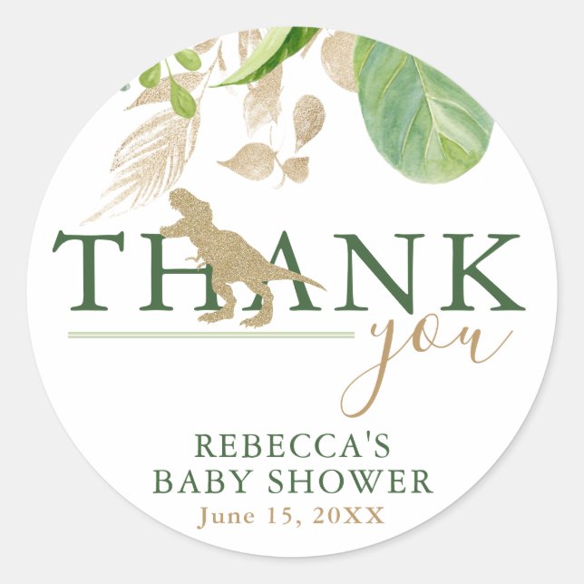 Sticker Rond Elégant Baby shower Dinosaur Vert et Or (Devant)