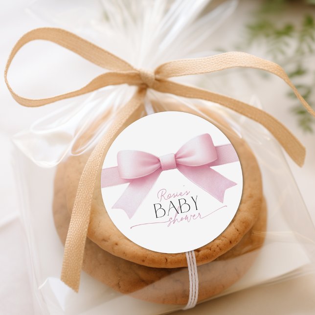 Sticker Rond Élégant Baby shower fille de la coquette de la cou (Elegant Pink Bow Coquette Girl Baby Shower Classic Round Sticker)
