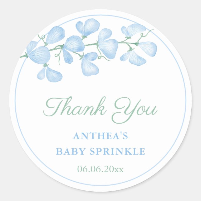 Sticker Rond Elégant Baby shower Floral Bleu Favor (Devant)