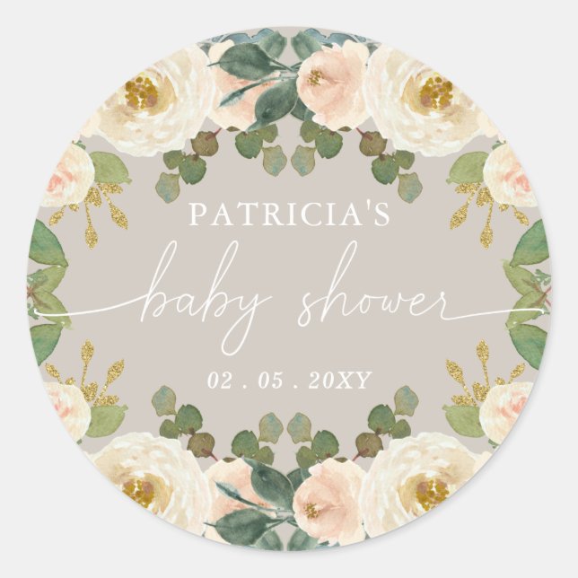 Sticker Rond Élégant Baby shower floral de la Pêche à la Taupe (Devant)