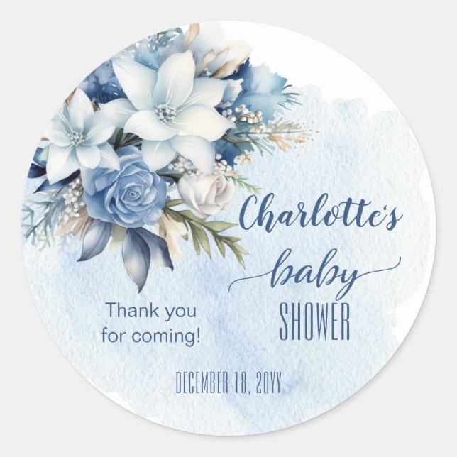Sticker Rond Elégant Baby shower Floral d'hiver bleu (Devant)
