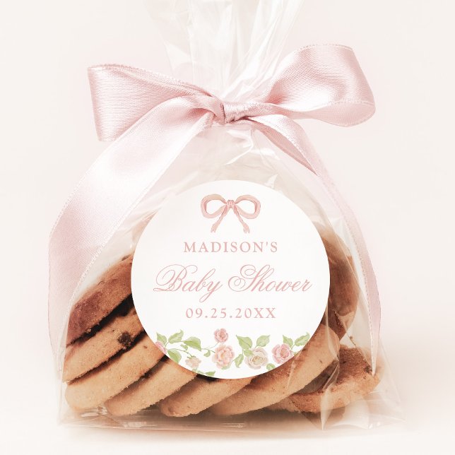 Sticker Rond Élégant Baby shower floral rose enchanté (Choose small or large stickers for your special event!)