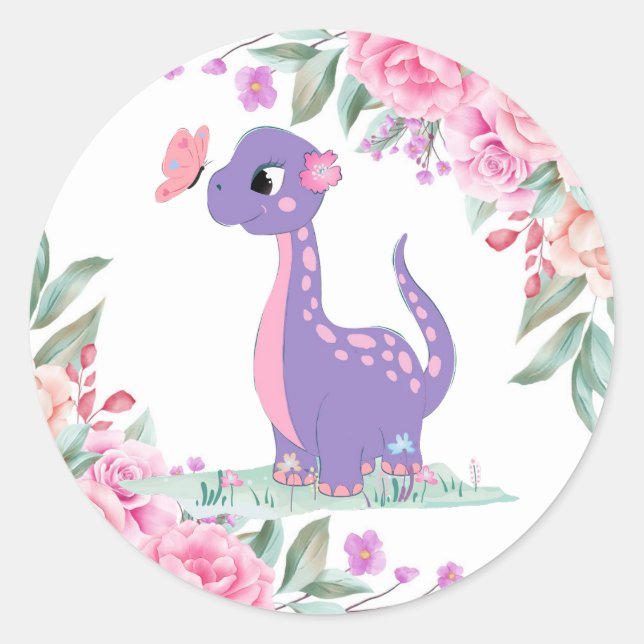 Sticker Rond Élégant Baby shower Papillon Dinosaure Rose Violet (Devant)