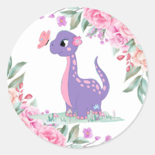 Sticker Rond Élégant Baby shower Papillon Dinosaure Rose Violet