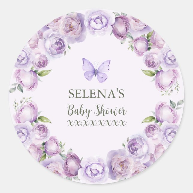 Sticker Rond Élégant Baby shower papillon floral violet (Devant)
