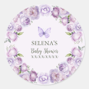 Sticker Rond Élégant Baby shower papillon floral violet