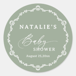 Sticker Rond Élégant Baby shower vert Sage Script