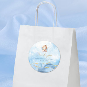 Sticker Rond Élégant Baptême Baptême Bleu Angel Garçon Baptême