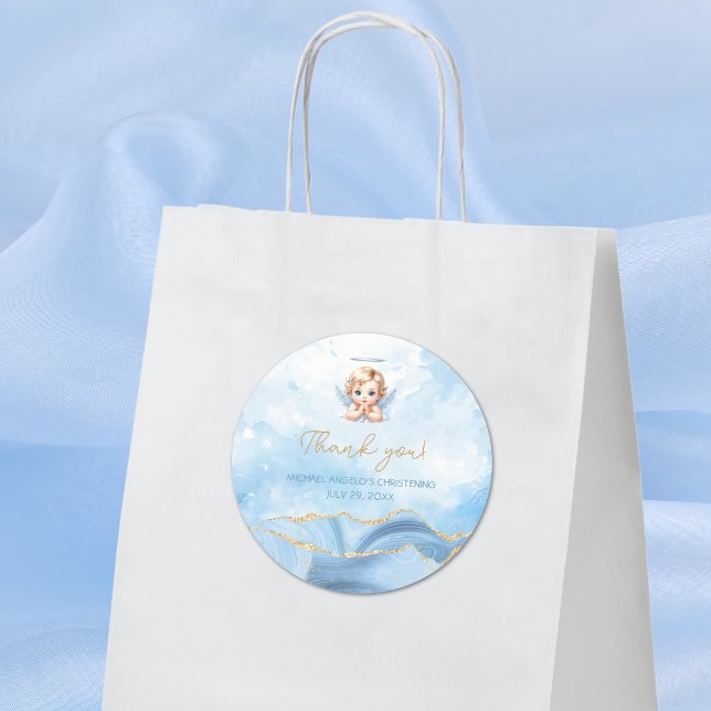 Sticker Rond Élégant Baptême Baptême Bleu Angel Garçon Baptême  (Créateur téléchargé)