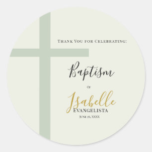 Sticker Rond Elégant Baptême Croix Minimaliste Vert Sauge Or