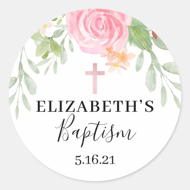 Sticker Rond Élégant Baptême d'aquarelle florale (Devant)