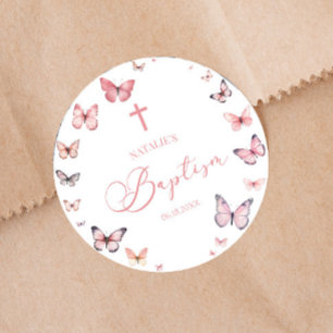 Sticker Rond Élégant Baptême Papillon rose doux