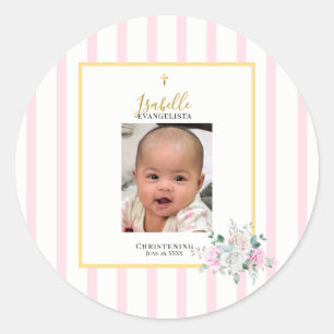 Sticker Rond Élégant Baptême Photo Or Rose