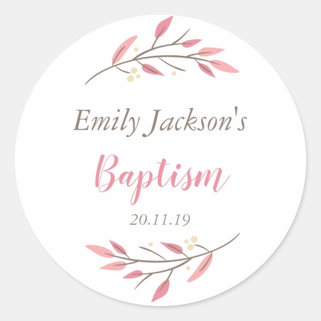 Sticker Rond Élégant Baptère Floral Rose (Devant)