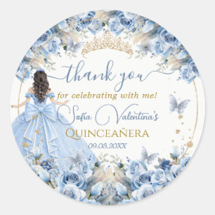 Sticker Rond Élégant Bébé Bleu Or Quinceañera Princesse Nœud