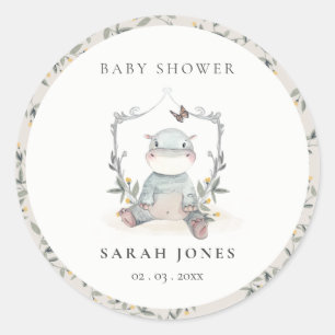 Sticker Rond Élégant Bébé Jaune Joli Baby shower Hippo Foliage