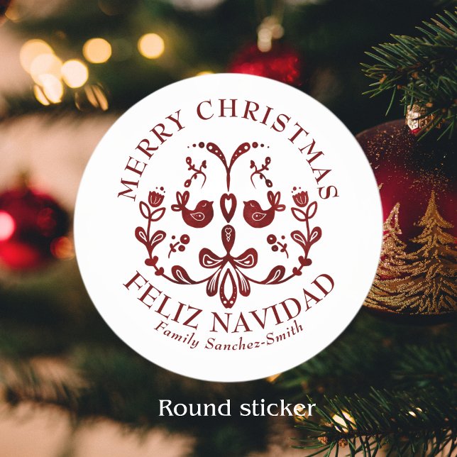 Sticker Rond Élégant Bilingue Burgundy Birds Noël (Bilingual custom text, birds, Merry Christmas-Feliz Navidad Round stickers. Multilingual project)