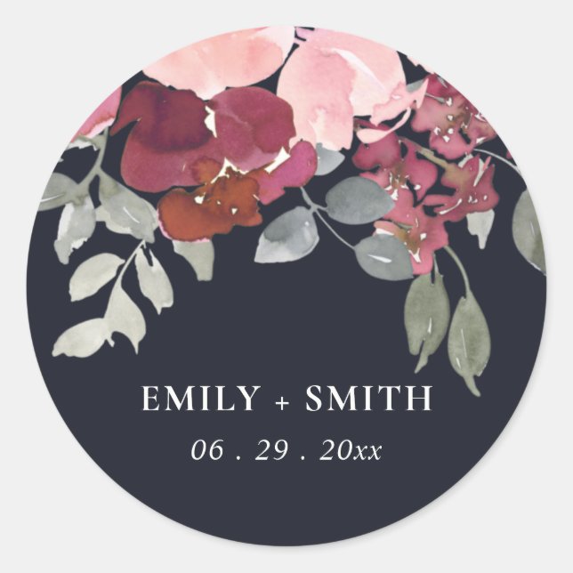 STICKER ROND ÉLÉGANT BLACK BLUSH BURGUNDY ROSE FLORAL MARIAGE (Devant)
