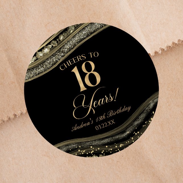 Sticker Rond Elegant Black Gold Agate 18th Birthday Party (Créateur téléchargé)