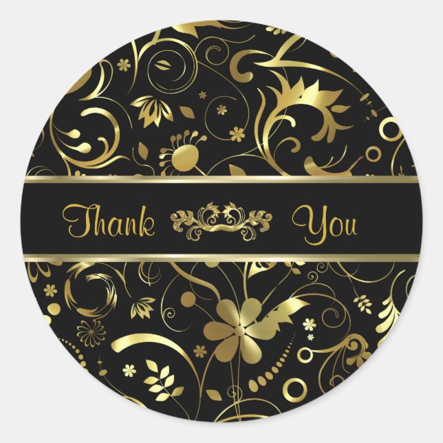 Sticker Rond Elégant Black & Gold Foil Look Floral Damas (Devant)