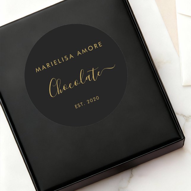 Sticker Rond Elegant Black Gold Script Chocolatier Qr Code (Créateur téléchargé)
