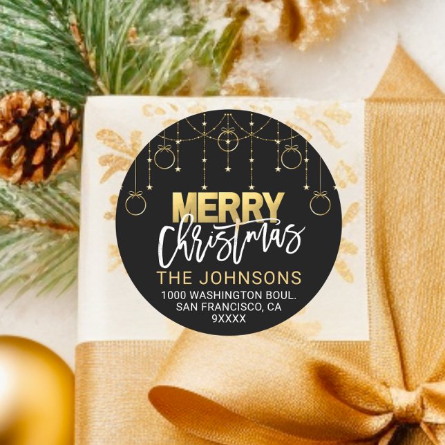 Sticker Rond Elégant Black Gold Twinkle Stars Adresse de Noël (Elegant Black Gold Twinkle Stars Christmas Address Classic Round Sticker)