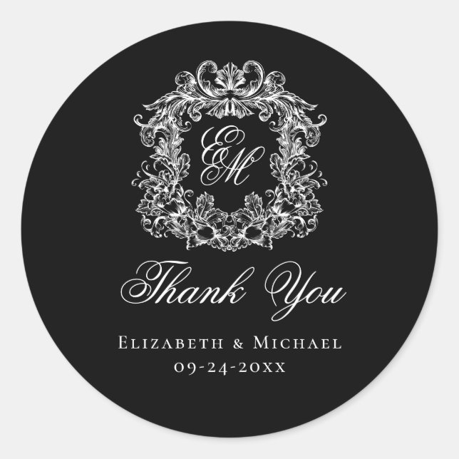 Sticker Rond Elegant Black Monogram Wedding Crest Thank You (Devant)